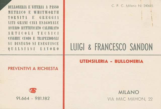 Biglietto da visita "Luigi & Francesco Sandon", anni 1950