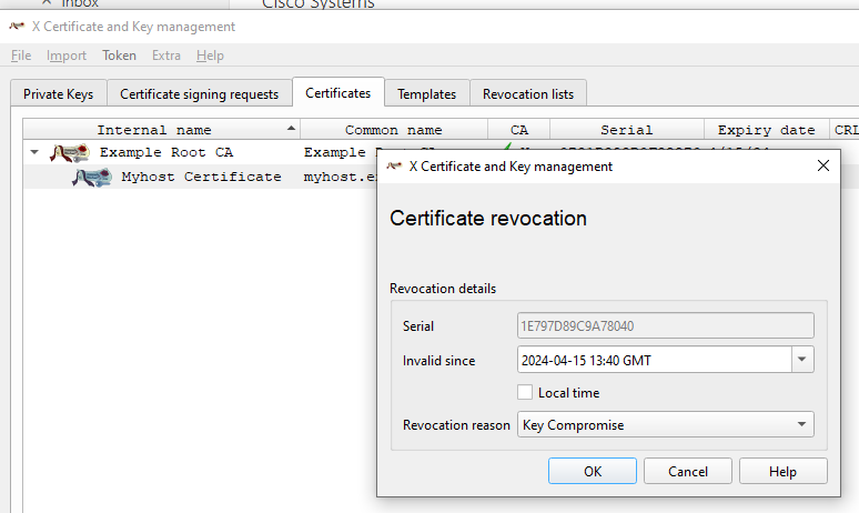XCA certificate revocation dialog