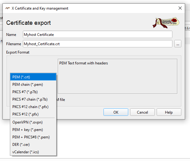 XCA export certificate dialog